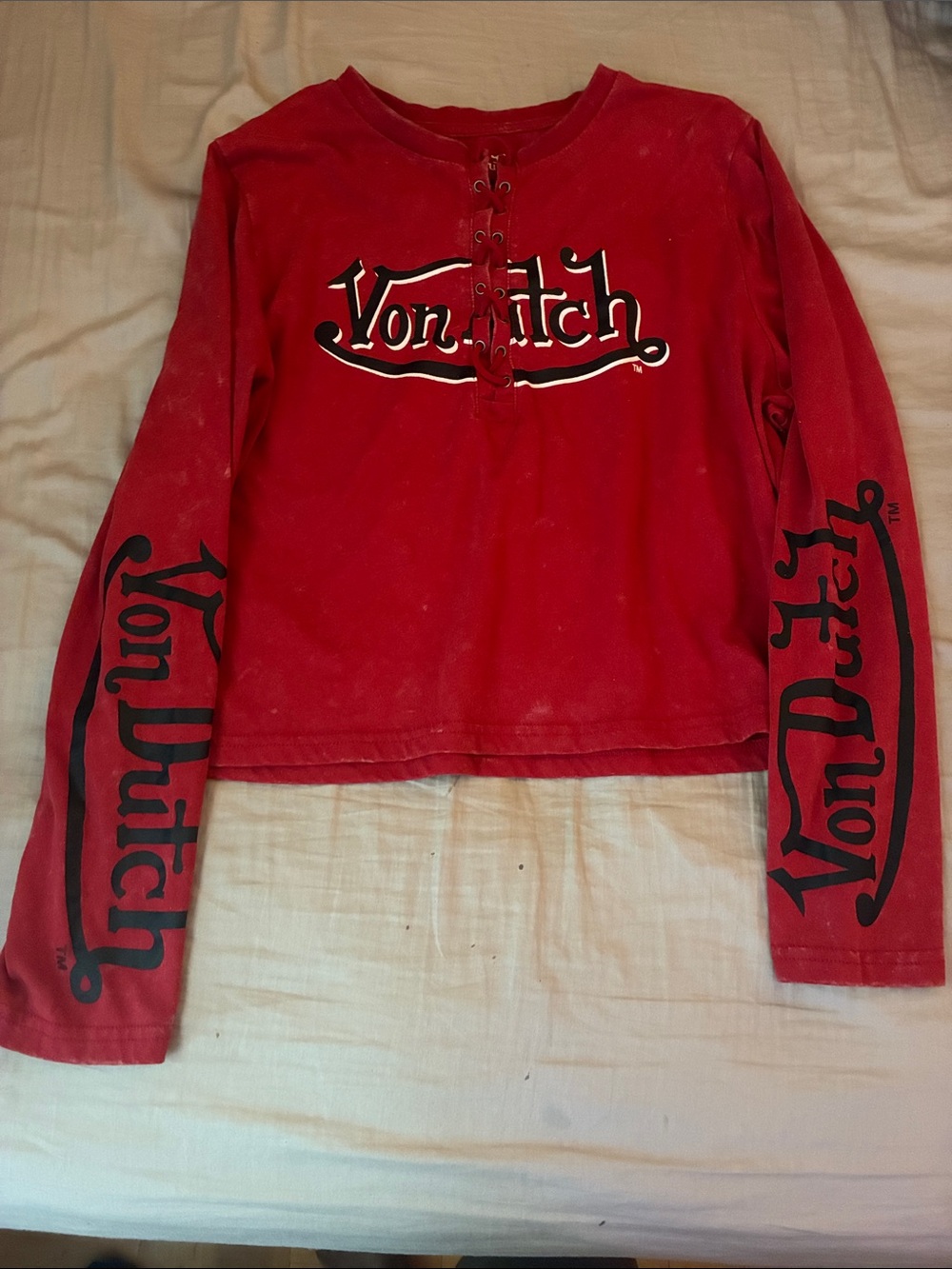 Von Dutch Red Lace-Up Long Sleeve Logo Shirt
